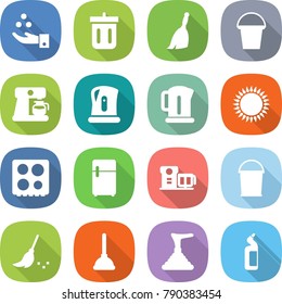 flat vector icon set - chemical industry vector, bin, broom, bucket, coffee maker, kettle, gas oven, hob, fridge, food processor, plunger, toilet cleanser