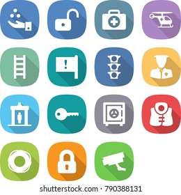 flat vector icon set - chemical industry vector, unlock, doctor case, ambulance helicopter, ladder, important flag, traffic light, security man, detector, key, safe, life vest, lifebuoy, locked