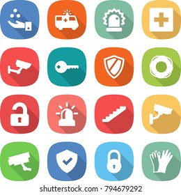 flat vector icon set - chemical industry vector, ambulance car, alarm, first aid, surveillance, key, shield, lifebuoy, unlocked, stairs, camera, lock, gloves