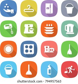 flat vector icon set - chemical industry vector, hanger, fridge, bucket, mixer, coffee maker, plate washing, kettle, gas oven, hob, food processor, broom, plunger, toilet cleanser, vacuum cleaner