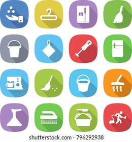flat vector icon set - chemical industry vector, hanger, fridge, broom, bucket, rag, blender, coffee maker, vacuum cleaner, plunger, brush, washing powder