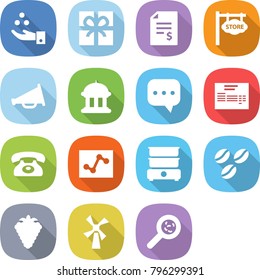 flat vector icon set - chemical industry vector, gift, account balance, store signboard, loudspeaker, goverment house, sms, invoice, phone, analytics, double boiler, coffee seeds, berry, windmill