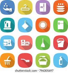 flat vector icon set - chemical industry vector, hanger, fridge, plate washing, kettle, rag, gas oven, coffee maker, food processor, broom, foam bucket, vacuum cleaner, brush, powder