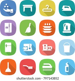 flat vector icon set - chemical industry vector, table, hanger, iron, fridge, broom, plate washing, kettle, coffee maker, food processor, bucket, plunger, brush, toilet cleanser