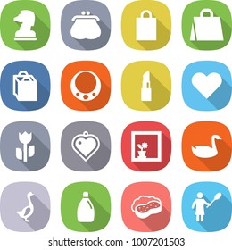 flat vector icon set - chess horse vector, purse, shopping bag, necklace, lipstick, heart, perishable, pendant, flower in window, goose, cleanser, sponge with foam, woman duster