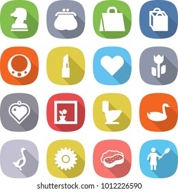 flat vector icon set - chess horse vector, purse, shopping bag, necklace, lipstick, heart, perishable, pendant, flower in window, toilet, goose, sponge with foam, woman duster