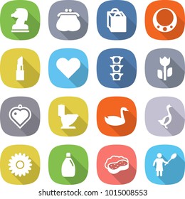 flat vector icon set - chess horse vector, purse, shopping bag, necklace, lipstick, heart, traffic light, perishable, pendant, toilet, goose, flower, cleanser, sponge with foam, woman duster