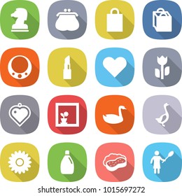 flat vector icon set - chess horse vector, purse, shopping bag, necklace, lipstick, heart, perishable, pendant, flower in window, goose, cleanser, sponge with foam, woman duster