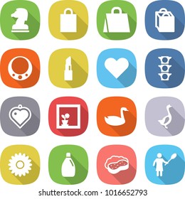 flat vector icon set - chess horse vector, shopping bag, necklace, lipstick, heart, traffic light, pendant, flower in window, goose, cleanser, sponge with foam, woman duster