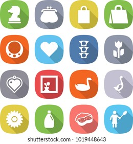 flat vector icon set - chess horse vector, purse, shopping bag, necklace, heart, traffic light, perishable, pendant, flower in window, goose, cleanser, sponge with foam, woman duster