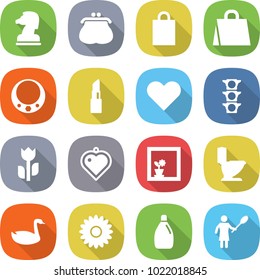 flat vector icon set - chess horse vector, purse, shopping bag, necklace, lipstick, heart, traffic light, perishable, pendant, flower in window, toilet, goose, cleanser, woman with duster