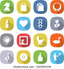 flat vector icon set - chess horse vector, shopping bag, necklace, lipstick, heart, traffic light, perishable, pendant, flower in window, toilet, goose, cleanser, woman with duster