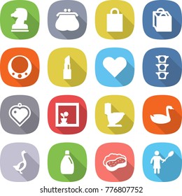 flat vector icon set - chess horse vector, purse, shopping bag, necklace, lipstick, heart, traffic light, pendant, flower in window, toilet, goose, cleanser, sponge with foam, woman duster