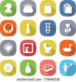 flat vector icon set - chess horse vector, purse, shopping bag, necklace, lipstick, traffic light, perishable, heart pendant, flower in window, toilet, goose, cleanser, sponge with foam