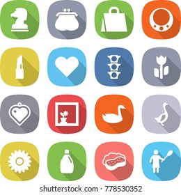 flat vector icon set - chess horse vector, purse, shopping bag, necklace, lipstick, heart, traffic light, perishable, pendant, flower in window, goose, cleanser, sponge with foam, woman duster