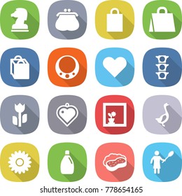 flat vector icon set - chess horse vector, purse, shopping bag, necklace, heart, traffic light, perishable, pendant, flower in window, goose, cleanser, sponge with foam, woman duster