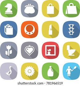 flat vector icon set - chess horse vector, purse, shopping bag, necklace, lipstick, traffic light, perishable, heart pendant, flower in window, toilet, goose, cleanser, woman with duster