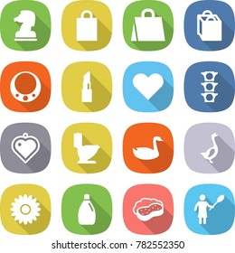 flat vector icon set - chess horse vector, shopping bag, necklace, lipstick, heart, traffic light, pendant, toilet, goose, flower, cleanser, sponge with foam, woman duster