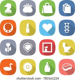 flat vector icon set - chess horse vector, purse, shopping bag, necklace, lipstick, heart, traffic light, perishable, pendant, flower in window, toilet, goose, cleanser, sponge with foam