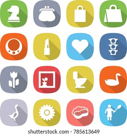 flat vector icon set - chess horse vector, purse, shopping bag, necklace, lipstick, heart, traffic light, perishable, flower in window, toilet, goose, sponge with foam, woman duster