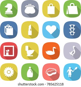 flat vector icon set - chess horse vector, purse, shopping bag, lipstick, heart, traffic light, flower in window, toilet, goose, cleanser, sponge with foam, woman duster
