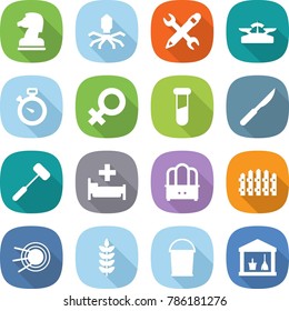 flat vector icon set - chess horse vector, virus, pencil wrench, scales, stopwatch, female sign, test vial, scalpel, doctors hammer, hospital, dresser, fence, satellite, spike, bucket, utility room
