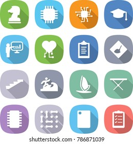 flat vector icon set - chess horse vector, chip, graduate hat, presentation, cardio, clipboard, under construction, stairs, surfer, windsurfing, iron board, circuit, cutting, list