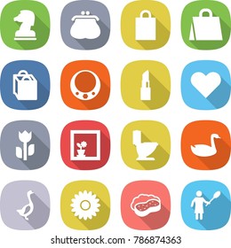flat vector icon set - chess horse vector, purse, shopping bag, necklace, lipstick, heart, perishable, flower in window, toilet, goose, sponge with foam, woman duster