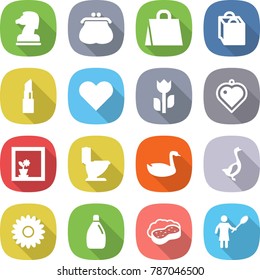 flat vector icon set - chess horse vector, purse, shopping bag, lipstick, heart, perishable, pendant, flower in window, toilet, goose, cleanser, sponge with foam, woman duster