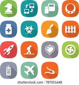 flat vector icon set - chess horse vector, notebook connect, scales weight, necklace, pills bottle, biohazard, construction, fence, rocket, tourist, heart pendant, cooler fan, remote control, plane