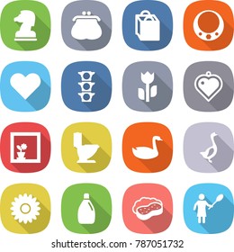 flat vector icon set - chess horse vector, purse, shopping bag, necklace, heart, traffic light, perishable, pendant, flower in window, toilet, goose, cleanser, sponge with foam, woman duster