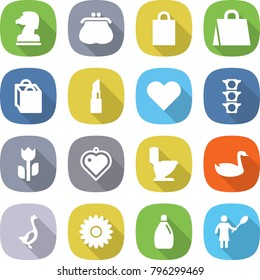 flat vector icon set - chess horse vector, purse, shopping bag, lipstick, heart, traffic light, perishable, pendant, toilet, goose, flower, cleanser, woman with duster