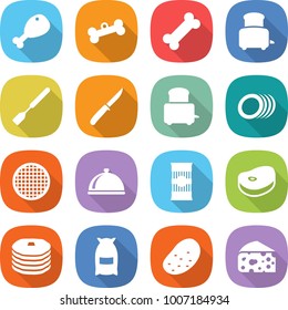 flat vector icon set - chicken leg vector, bone, toaster, spatula, knife, plates, sieve, meal cap, pasta, steake, pancakes, flour, potato, cheese