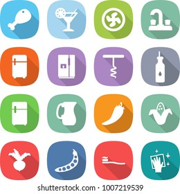 flat vector icon set - chicken leg vector, cocktail, cooler fan, water tap, fridge, corkscrew, vegetable oil, jug, hot pepper, corn, beet, peas, tooth brush, wiping