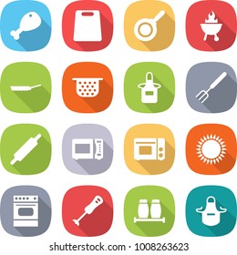 flat vector icon set - chicken leg vector, cutting board, pan, bbq, colander, apron, big fork, rolling pin, microwave oven, grill, gas, blender, salt pepper