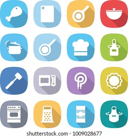 flat vector icon set - chicken leg vector, cutting board, pan, cauldron, steam, cook hat, apron, meat hammer, microwave oven, elecric, induction, grater, pasta