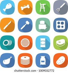 flat vector icon set - chicken leg vector, bone, Chair for babies, big fork, knife, meat hammer, toaster, hob, plates, sieve, pasta, steake, pancakes, flour, potato