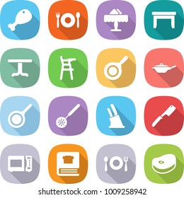 flat vector icon set - chicken leg vector, cafe, restaurant, table, Chair for babies, pan, skimmer, knife holder, chef, microwave oven, cooking book, fork spoon plate, steake