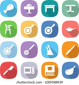 flat vector icon set - chicken leg vector, restaurant, table, Chair for babies, pan, skimmer, knife holder, chef, microwave oven, cooking book