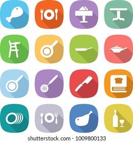 flat vector icon set - chicken leg vector, cafe, restaurant, table, Chair for babies, pan, skimmer, chef knife, cooking book, plates, fork spoon plate, wine