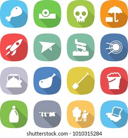 flat vector icon set - chicken leg vector, head reflector, skull, insurance, rocket, deltaplane, aquapark, satellite, kettle, shovel, foam bucket, cleanser, drying clothes, garden cleaning