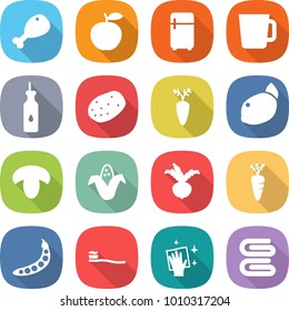 flat vector icon set - chicken leg vector, apple, fridge, cup, vegetable oil, potato, carrot, lemon, mushroom, corn, beet, peas, tooth brush, wiping, towel