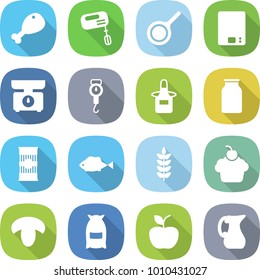 flat vector icon set - chicken leg vector, mixer, pan, kitchen scales, handle, apron, bank, pasta, fish, spike, cupcake, mushroom, flour, apple, jug