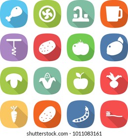 flat vector icon set - chicken leg vector, cooler fan, water tap, cup, corkscrew, potato, tomato, lemon, mushroom, corn, apple, beet, carrot, peas, tooth brush