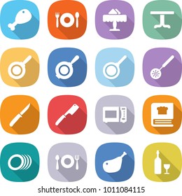 flat vector icon set - chicken leg vector, cafe, restaurant, table, pan, skimmer, knife, chef, microwave oven, cooking book, plates, fork spoon plate, wine