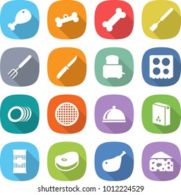 flat vector icon set - chicken leg vector, bone, spatula, big fork, knife, toaster, hob, plates, sieve, meal cap, cereals, pasta, steake, cheese