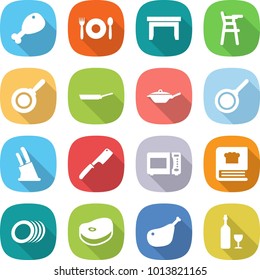 flat vector icon set - chicken leg vector, cafe, table, Chair for babies, pan, knife holder, chef, microwave oven, cooking book, plates, steake, wine