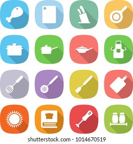 flat vector icon set - chicken leg vector, cutting board, stands for knives, pan, saute, apron, whisk, skimmer, spatula, gas oven, cooking book, blender, salt pepper