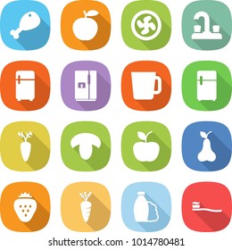 flat vector icon set - chicken leg vector, apple, cooler fan, water tap, fridge, cup, carrot, mushroom, pear, strawberry, shampoo, tooth brush