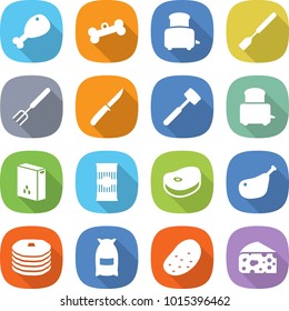 flat vector icon set - chicken leg vector, bone, toaster, spatula, big fork, knife, meat hammer, cereals, pasta, steake, pancakes, flour, potato, cheese